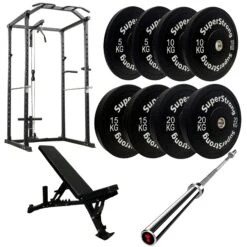100kg Black Bumper Plate Set With Cable Squat Rack & 7FT Barbell