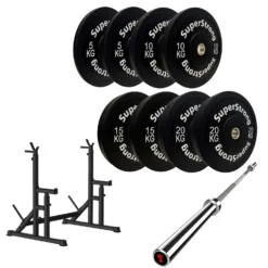 100kg Black Bumper Plate Set With 7FT Olympic Barbell -Fitness Gear Hub 100kg set Gorilla bar squat RACK