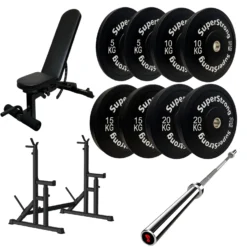 100kg Black Bumper Plate Set With 7FT Olympic Barbell -Fitness Gear Hub 100kg set Gorilla bar squat RACK wee bench