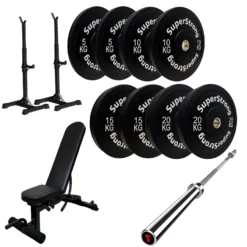100kg Black Bumper Plate Set With 7FT Olympic Barbell -Fitness Gear Hub 100kg set Gorilla bar squat stand wee bench