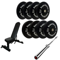 100kg Black Bumper Plate Set With 7FT Olympic Barbell -Fitness Gear Hub 100kg set Gorilla bar wee bench