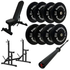 100kg Black Bumper Plate Set With 7FT Olympic Barbell -Fitness Gear Hub 100kg set carbon bar squat RACK wee bench