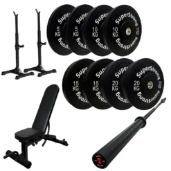100kg Black Bumper Plate Set With 7FT Olympic Barbell -Fitness Gear Hub 100kg set carbon bar squat stand wee bench