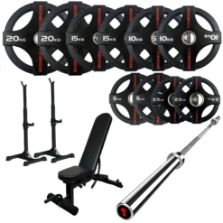 105kg Quad Grip Plate Set With 7FT Olympic Barbell 20 105kg Quad Grip Plate Set With 7FT Olympic Barbell -Fitness Gear Hub 105kg quad grips gorilla bar bench squat stand