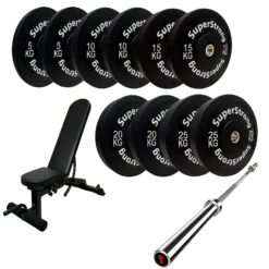 150kg Black Bumper Plate Set With 7FT Olympic Barbell -Fitness Gear Hub 150kg set Gorilla bar wee bench