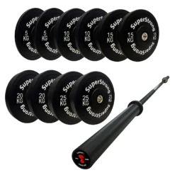 150kg Black Bumper Plate Set With 7FT Olympic Barbell -Fitness Gear Hub 150kg set carbon bar