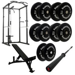 150kg Black Bumper Plate Set With Cable Squat Rack & 7FT Barbell -Fitness Gear Hub 150kg set carbon bar cable rack heavy bench