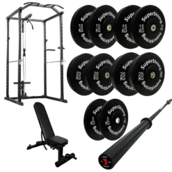 150kg Black Bumper Plate Set With Cable Squat Rack & 7FT Barbell -Fitness Gear Hub 150kg set carbon bar cable rack wee bench