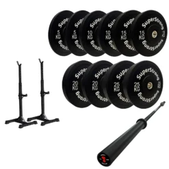 150kg Black Bumper Plate Set With 7FT Olympic Barbell -Fitness Gear Hub 150kg set carbon bar squat stand