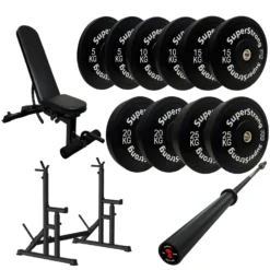 150kg Black Bumper Plate Set With 7FT Olympic Barbell -Fitness Gear Hub 150kg set carbon bar squat stand wee bench 1