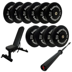 150kg Black Bumper Plate Set With 7FT Olympic Barbell -Fitness Gear Hub 150kg set carbon bar wee bench