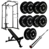150kg Black Bumper Plate Set With Cable Squat Rack & 7FT Barbell