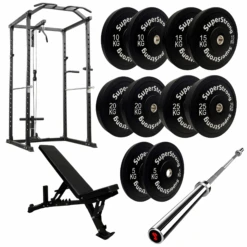 150kg Black Bumper Plate Set With Cable Squat Rack & 7FT Barbell