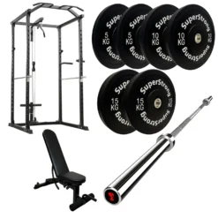 60kg Black Bumper Plate Set With Cable Squat Rack & 7FT Barbell 10 60kg Black Bumper Plate Set With Cable Squat Rack & 7FT Barbell -Fitness Gear Hub 60kg set with Gorilla bar pulley Rack wee bench