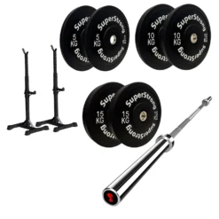 60kg Black Bumper Plate Set With 7FT Olympic Barbell -Fitness Gear Hub 60kg set with Gorilla bar squat stand