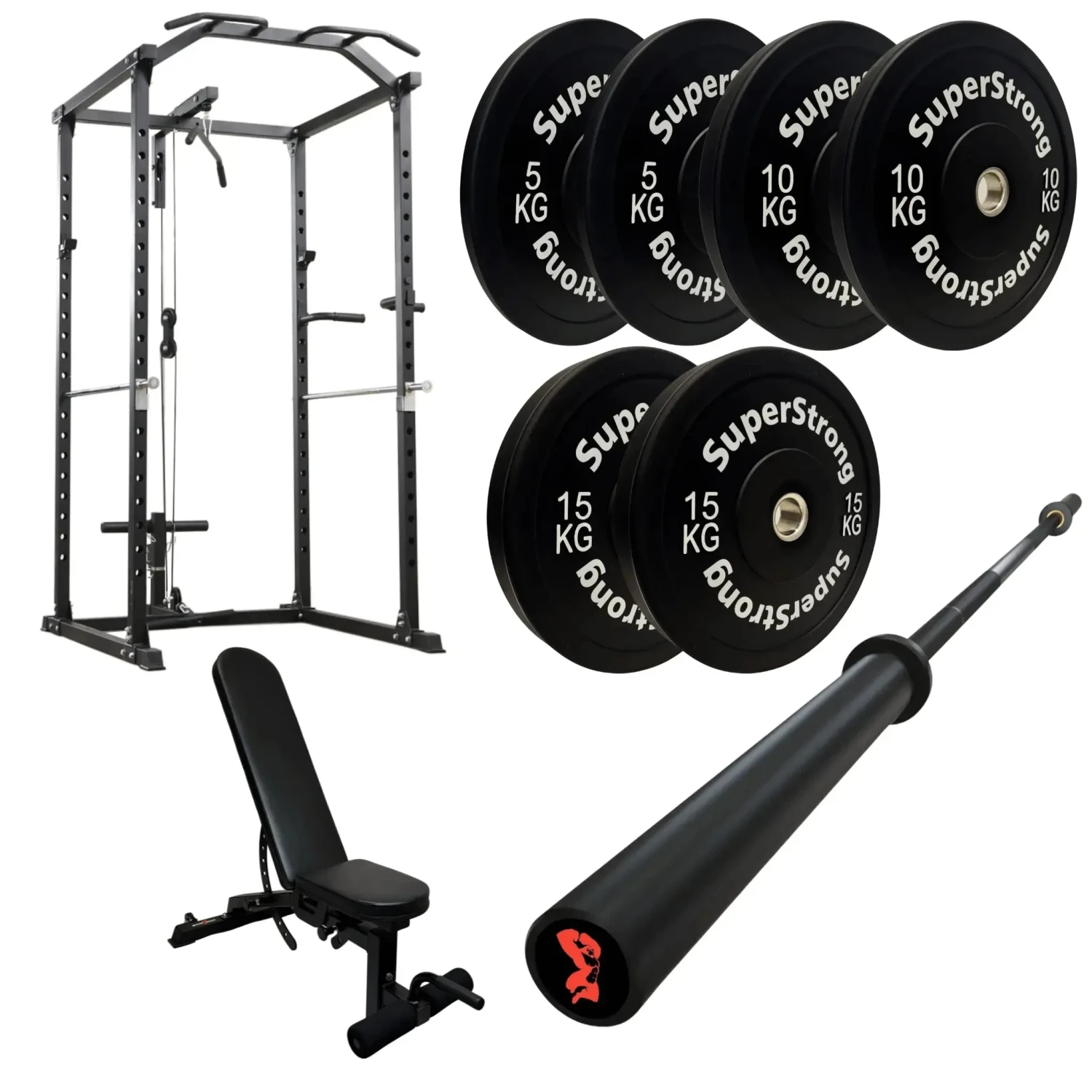 60kg Black Bumper Plate Set With Cable Squat Rack & 7FT Barbell 4 60kg Black Bumper Plate Set With Cable Squat Rack & 7FT Barbell - Image 2
