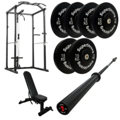 60kg Black Bumper Plate Set With Cable Squat Rack & 7FT Barbell 13 60kg Black Bumper Plate Set With Cable Squat Rack & 7FT Barbell -Fitness Gear Hub 60kg set with carbon bar pulley Rack wee bench