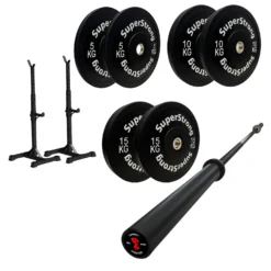 60kg Black Bumper Plate Set With 7FT Olympic Barbell -Fitness Gear Hub 60kg set with carbon bar squat stand