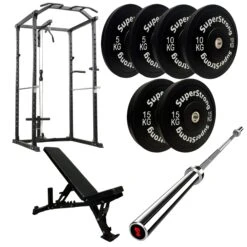 60kg Black Bumper Plate Set With Cable Squat Rack & 7FT Barbell