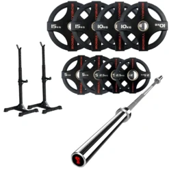 65kg Quad Grip Plate Set With 7FT Olympic Barbell -Fitness Gear Hub 65kg quad grips Gorilla bar Squat stand